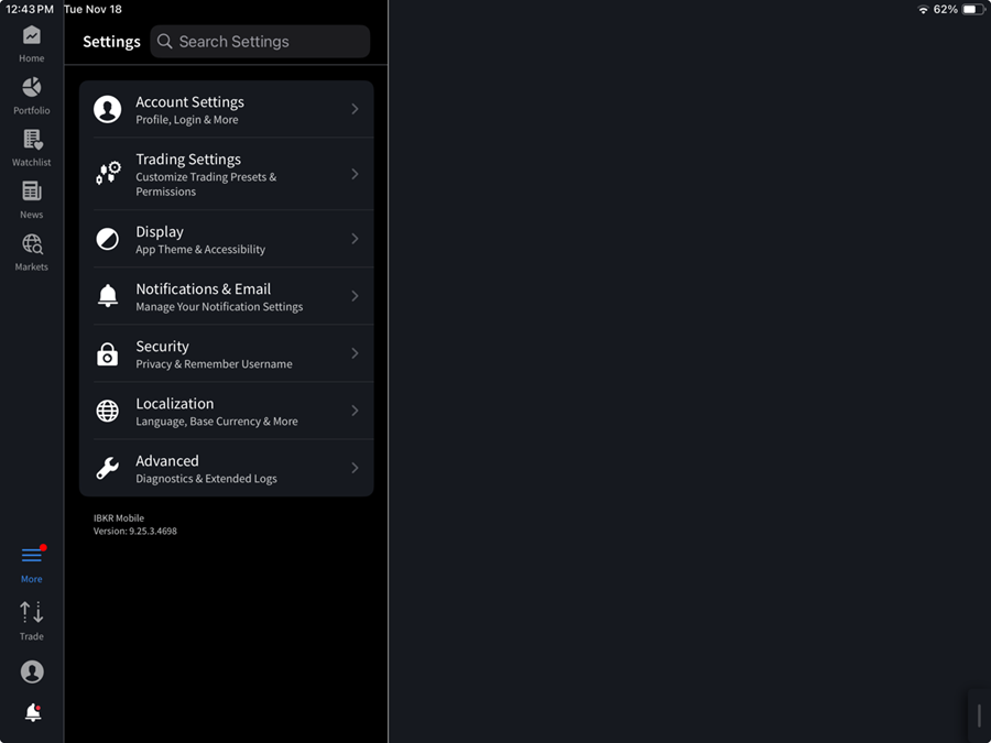 The settings menu for the iPad